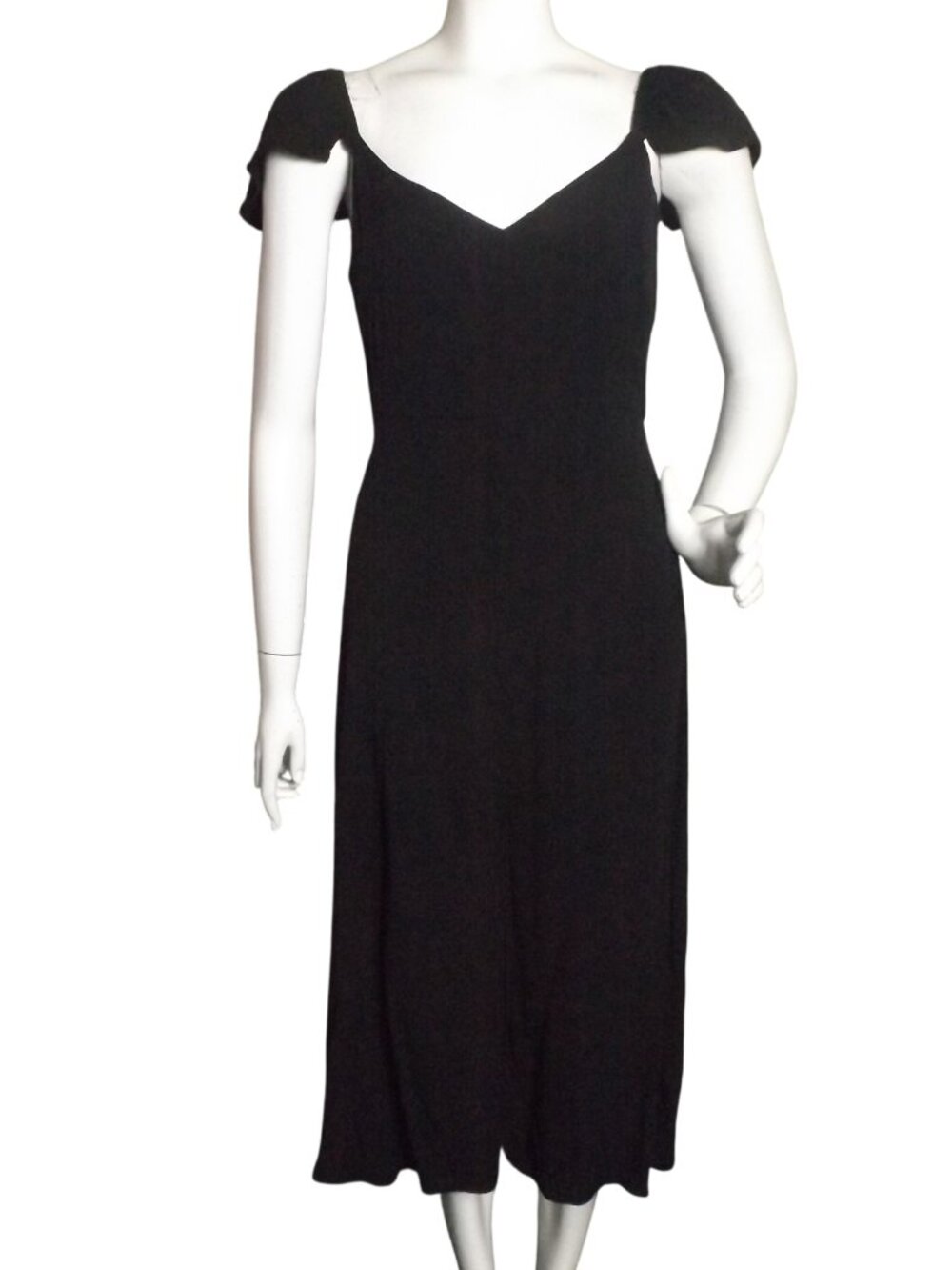 QUINCE Dress, M, Black Crepe, Flutter sleeve, Midi Length, Smocked back, Zipper